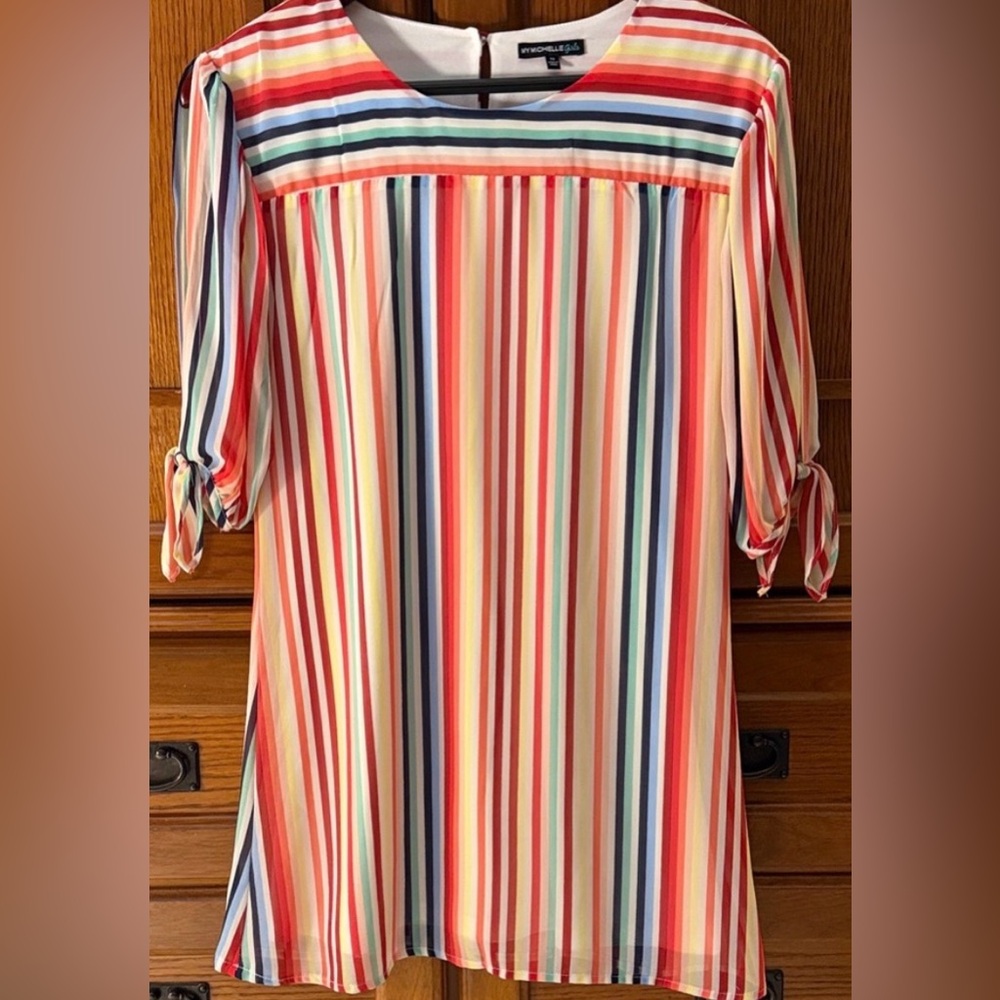 My Michelle Girl Rainbow Striped 3/4 Tie Sleeve Midi Shift Dress Flowy Boho